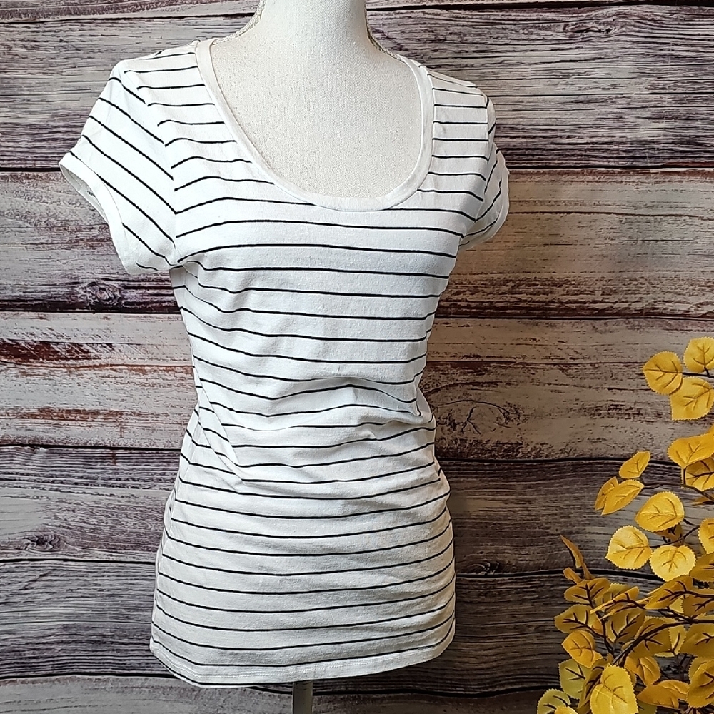 NEW SPLASH WHITE WUTH BLACK STRIPE SCOOP NECK CAP SLEEVE PULLOVER T SHIRT